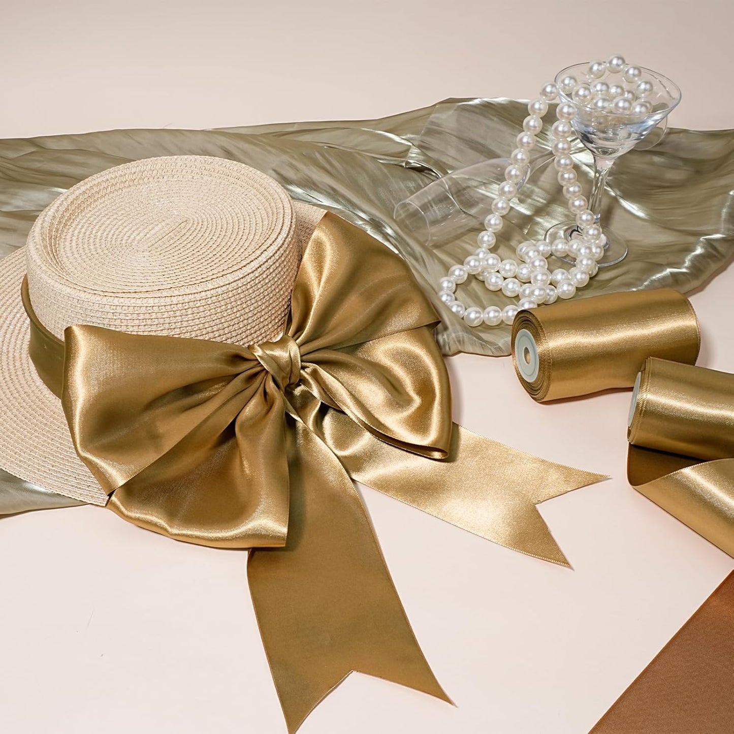 LaRibbons Pale Gold Satin Ribbon 4 Inch 10 Yards Double Faced Luxury Pale Gold Silk Ribbon for Gift Wrapping Flower Bouquets Bow Christmas Wedding Party Decoration