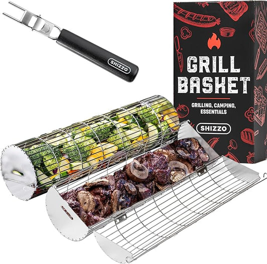 Rolling Grill Basket, New Opening Design, Extra Sturdy Cylinder Grilling Basket, Food Grade Stainless Steel, Large Portable Outdoor Camping accessories BBQ Net Rack, Cooking Griller for Fish, Vegetables, and More - Gifts for Men Dad Husband - Set of 2