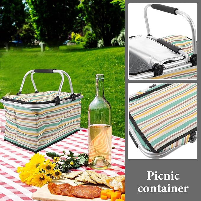 Wear-Resistant Insulated Picnic Basket and Foldable Shopping Tote for Outdoor Dining with Thick Aluminum Foil Lining, Yellow-Green Pattern, No Ice Pack, Vehicle Use and Food