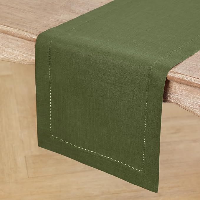 Solino Home Linen Olive Table Runner 72 Inches Long - 100% Pure Linen Hemstitch Table Runner 14 x 72 Inch for Dresser, Dining, St Patricks Day - Classic Hemstitch