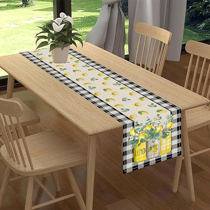 Lemon Table Runner, Farmhouse Black Buffalo Plaid Seasonal Summer Spring Fruits Lemon Coffee Table Center Decor for Home Kitchen Dining Party Patio Indoor Outdoor Table Decorations, 13"x108" Inch