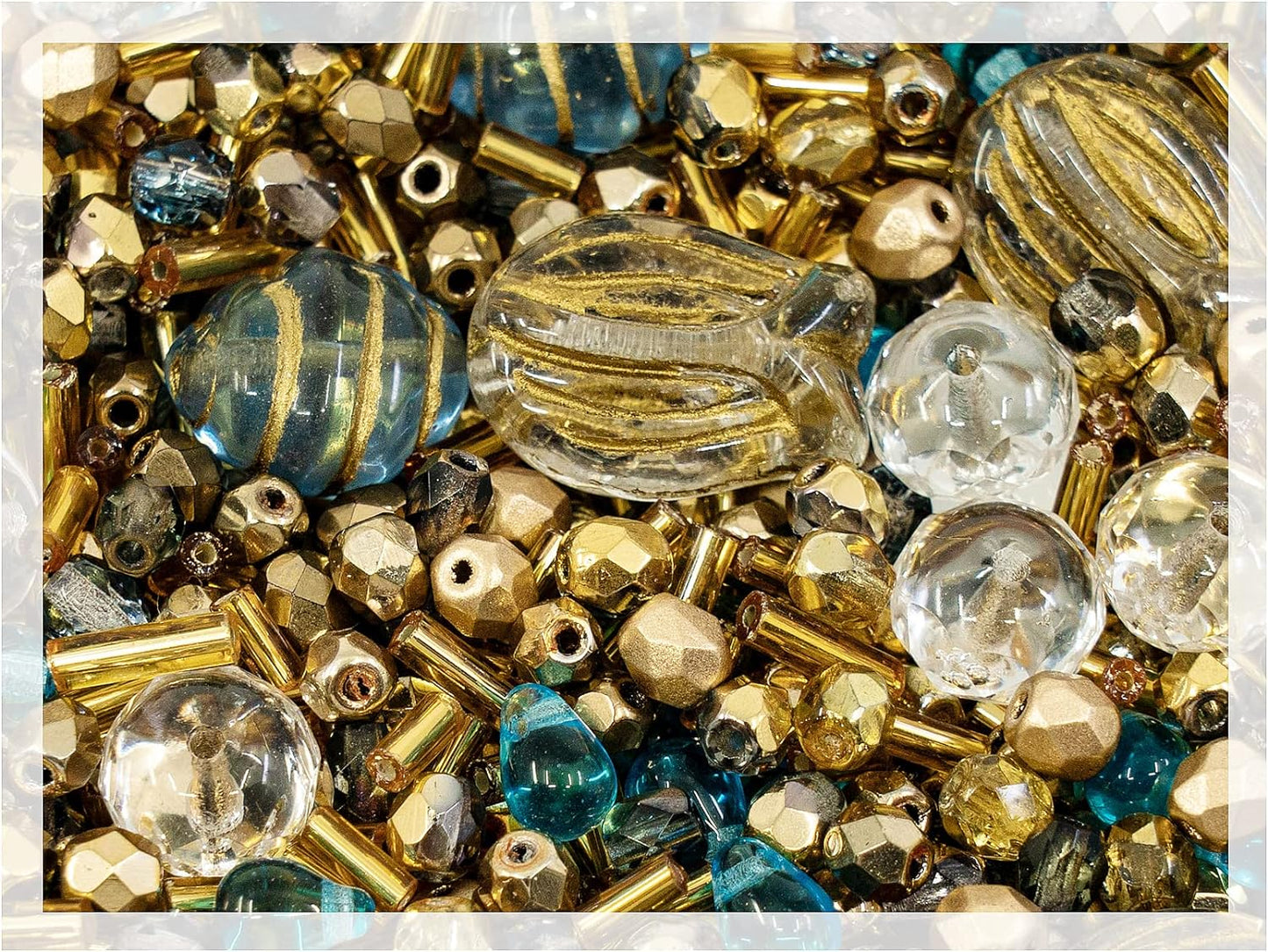 2.1oz (60 g) Mix of Unique Czech Bohemia Glass Pressed Beads, Rocailles, Aztec Pale Gold Crystal, Matte and Glossy, Hand Made BCV