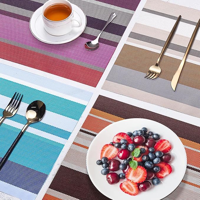Set of 6 Colorful Striped Vinyl Placemats Heat-Resistant Washable Placemats Non-Slip Woven Table Mats Wipeable Placemat for Kitchen Dining Table Decoration Indoor Outdoor (Violet Purple)