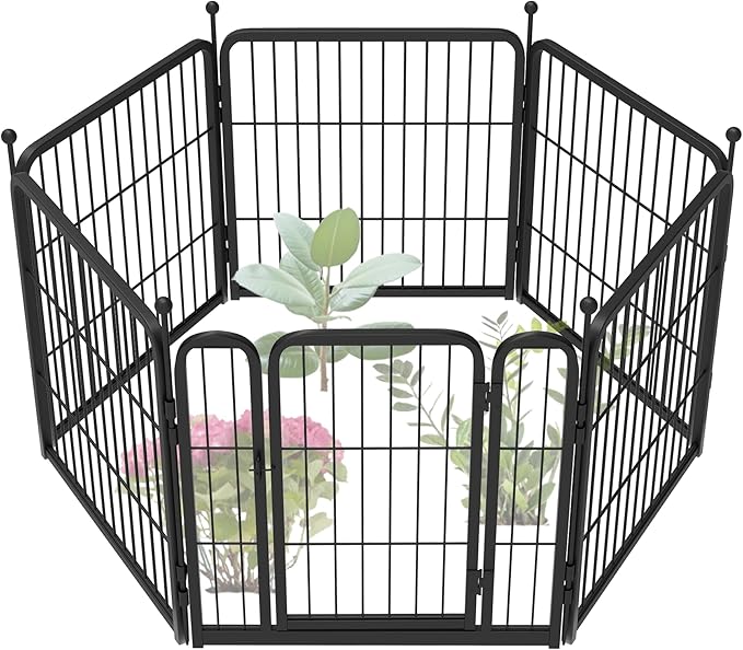 FXW Garden Fence Outdoor for The Yard – 24in(H) x 11.4ft(L) Heavy Duty Metal Animal Barrier for Dog and Rabbit, Decorative Dog Fence, 6 Panels, Black