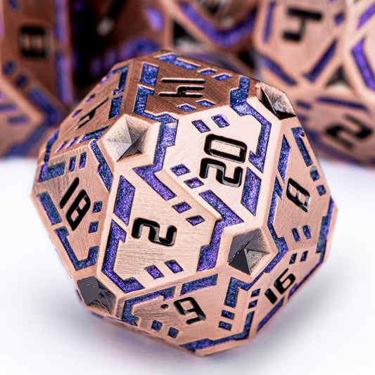 Metal DND Sci-fi Dice Set 7PCS Stripe Polyhedral Dice for Dungeons Dragons RPG Role Playing Game, Glitter D and D Dice with Gift Box D6 D8 D10 D12 D20 (Ancient Bronze&Purple)