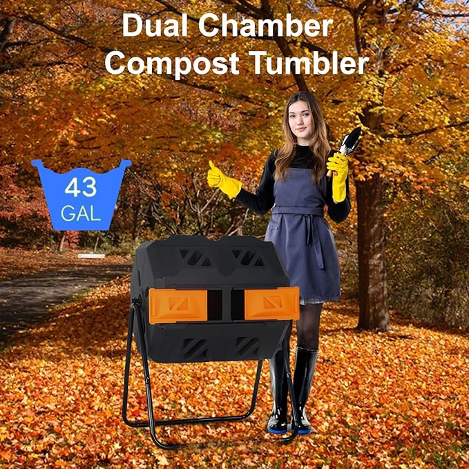 FDW Outdoor Compost Bin,43 Gallon Dual Chamber Tumbling Composting Bin with Sliding Doors Compost Tumbler for Garden Patio Kitchen Yard,Orange Door