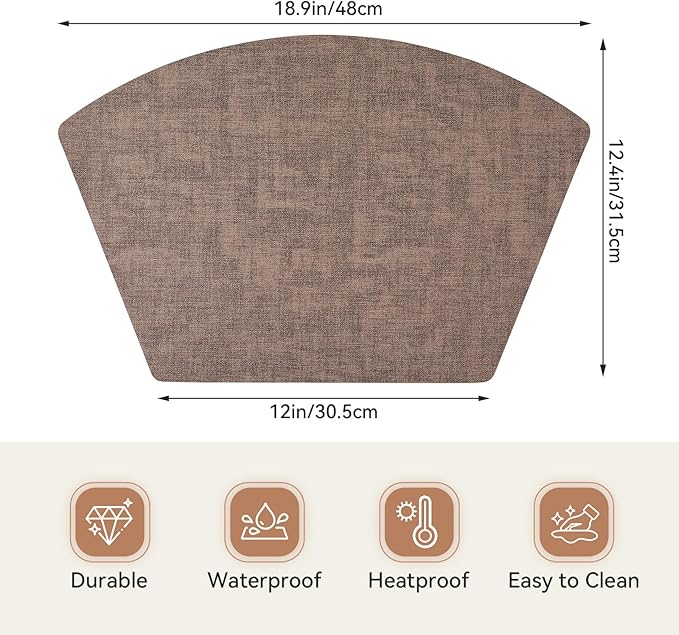 Round Table Placemats Set of 4, Faux Leather Wedge Shape Place Mats Heat Resistant Wipeable Washable Table Mats for Dining Outdoor Indoor, Brown