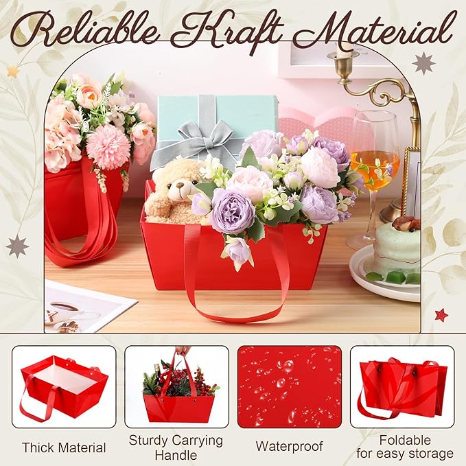 Glenmal 72 Pcs Baskets for Gifts Waterproof Empty Kraft Basket Bulk with Handles 9.8 x 6.5 x 4.3'' Gift Basket Empty to Fill for Wedding Party Christmas Valentines(Red)