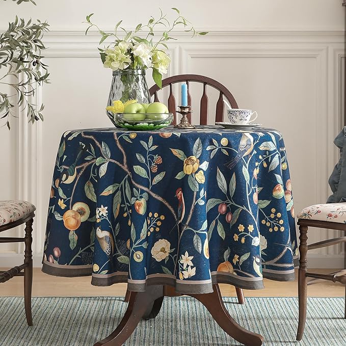 Linen 55 Inch Round Tablecloth,Wrinkle Resistant French Blue Tablecloth Print with Froal,Decor Stitch Table Cloth for Thanksgiving,Dining Room,Home,Kitchen Diameter 55"-DeweyA Blue