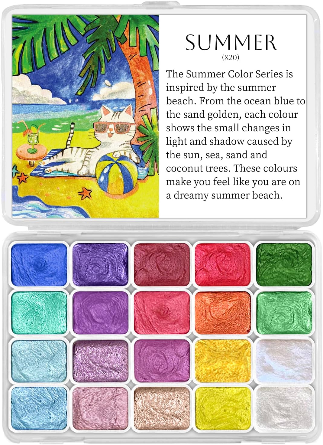 Mini Glitter Watercolor Paint Set, 20 Colors Shimmer Metallic Watercolour Painting Sets, Solid Pearl Water Color Paints for Kids, Adult, 1ml Trial Pack(Summer)