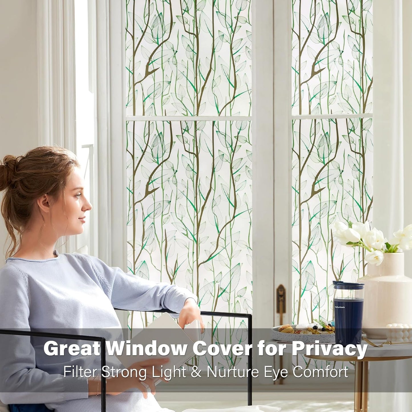 Donox Frosted Glass Window Film Heat Control UV Blocking, Static Cling Reusable Home Bathroom Door Window Privacy Film, Green Leaf Pattern Window Covering with Installation Tool, 23.6 in x 6.5 feet