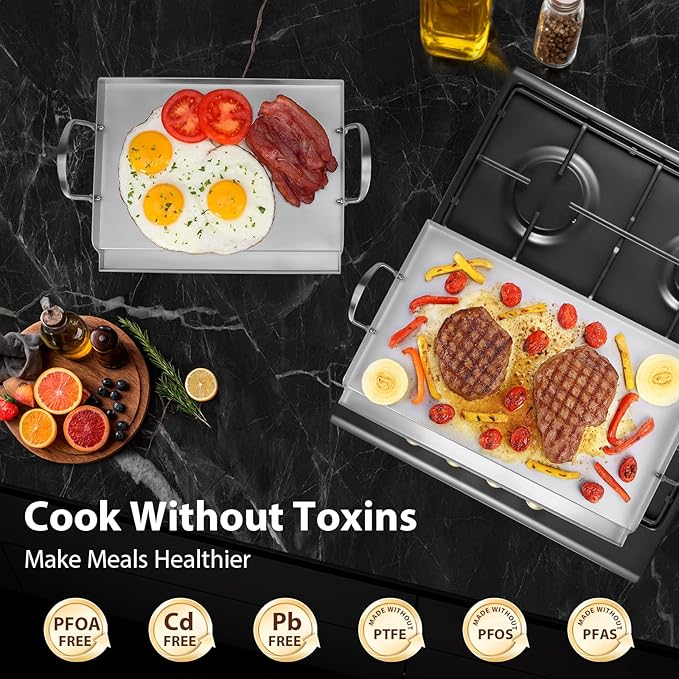 Utheer 17" x 13" Ceramic Nonstick Stainless Steel Griddle for Gas Grill, Charcoal, Oven, Stove Top Griddle, Non-Toxic, PFAS/PFOA/PTFE Free, Oven Up to 500°F, for BBQ, Camping & Kitchen, Sliver