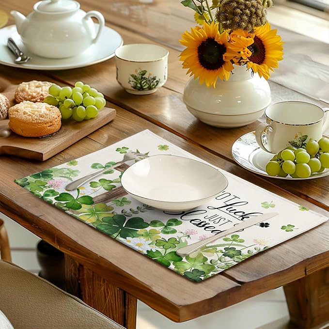 St Patricks Placemats Set of 4 St. Patrick's Day Cross Shamrocks Clover Linen Table Mats 12x18 Inch Spring Heat Resistant Washable Place Mat for Kitchen Dining Home Party Decor