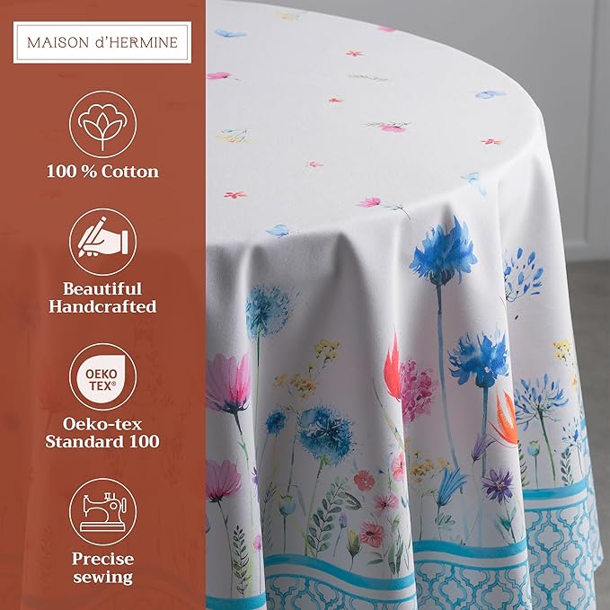 Maison d' Hermine Table Cloth Round Table 100% Cotton 69 Inches Tablecloth Reusable Decorative for Dining Room, Farmhouse, Home, Party, Festive & Wedding Spring Summer - Flower in The Field