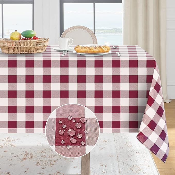Softalker Gingham Checkered Tablecloth Rectangle - Outdoor Waterproof Buffalo Plaid Table Cloth, Stain Resistant Washable Table Cover for Picnic, Camping, Dining - Burgundy and White, 60 x 102 Inch