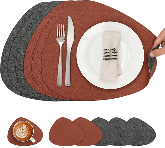 Placemats and Coasters, Washable Reversible Placemats Round Faux Leather Wipeable Place Mats Non Slip Heat Resistant Indoor Outdoor Table Mats (Set of 6, Gray Terracotta)