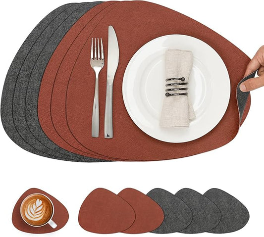 Placemats and Coasters, Washable Reversible Placemats Round Faux Leather Wipeable Place Mats Non Slip Heat Resistant Indoor Outdoor Table Mats (Set of 6, Gray Terracotta)