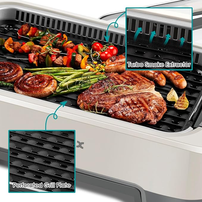 CUSIMAX Smokeless Grill, Korean Grill, 1500W Electric BBQ Grill with Tempered Glass Lid & LED Smart Display, Non-stick Removable Grill Plate, Off-White