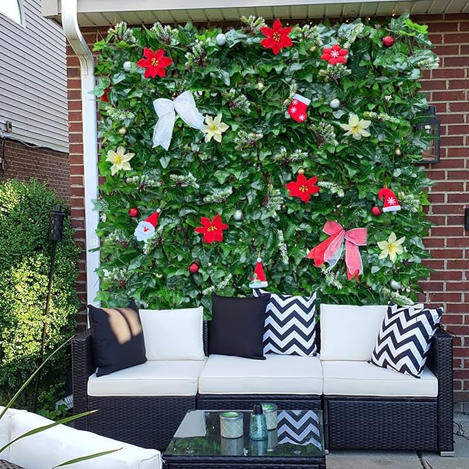 Expandable Fence Privacy Screen for Balcony Patio Outdoor,Decorative Faux Ivy Fencing Panel,Artificial Hedges (Single Sided Leaves) (4, Christmas-Ivy)