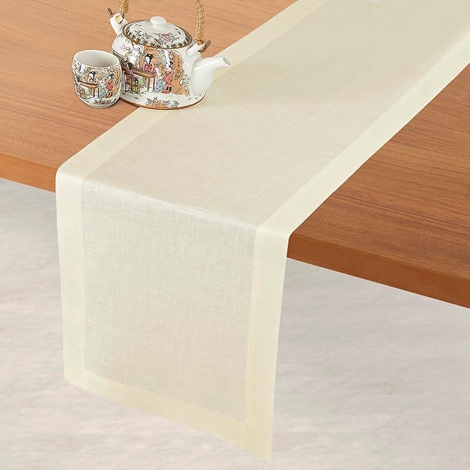 D'Moksha Homes Linen Cream Table Runner 72 Inches Long - 100% Pure Linen 14 x 72 Inch Table Runner for Dining, Winter, Holiday - Machine Washable