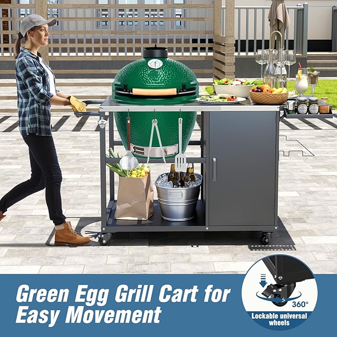 Big Green Egg Outdoor Grill Table, Portable Heavy Duty Grill Cart with Wheels, Plenty of Storage, Fits Large, Medium, and Small Big Green Egg and Kamado Joe Classic Grills