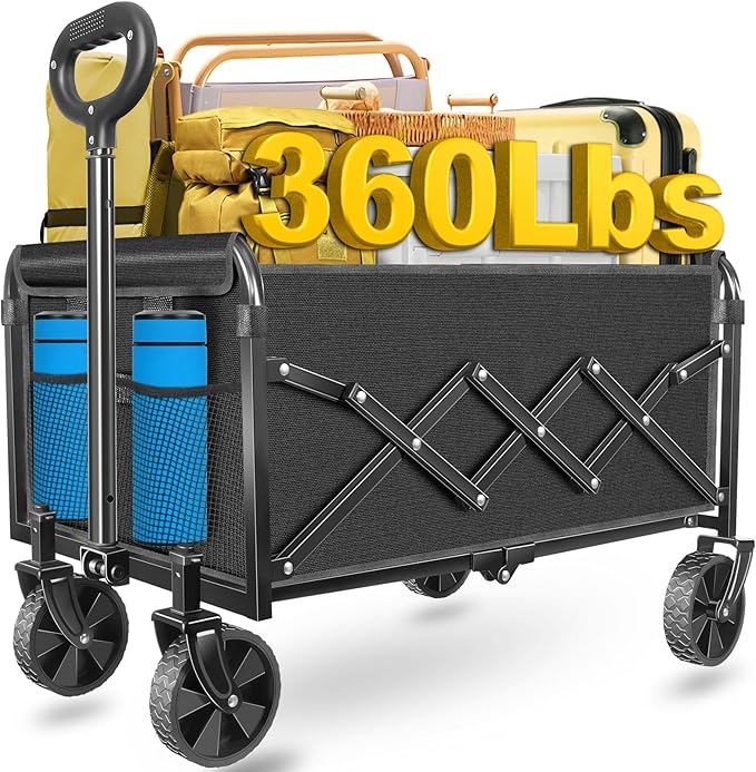Wagons Carts Foldable, Collapsible Wagon with Wheels — Durable Foldable Wagon for Groceries,Picnic & Pets, Small Hauls, Apartment Moving & Storage, Portable Utility Pull Wagon Cart, 360lbs, Black