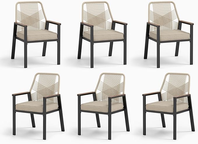 Patio Wicker Chair Sets of 6, Outdoor Dining Chairs with 3.1 inch Seat Cushions, Sturdy Metal Frame & Wood Grain Armrest, Beige