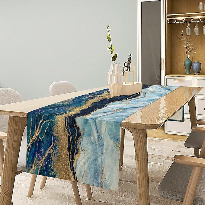 Marble Table Runner, Blue Texture Abstract Art Print Table Runner for Indoor Home Living Room Party Dining Kitchen 13x36in