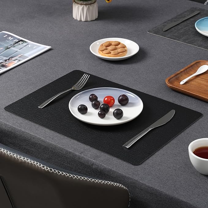 Myir JUN Placemats Set of 8, Dual Sided Faux Leather Placemats Place Mats Set of 8 Indoor for Dining Table Non-Slip Washable Heat Resistant Outdoor Table Mats (Set of 8, Black Gray)