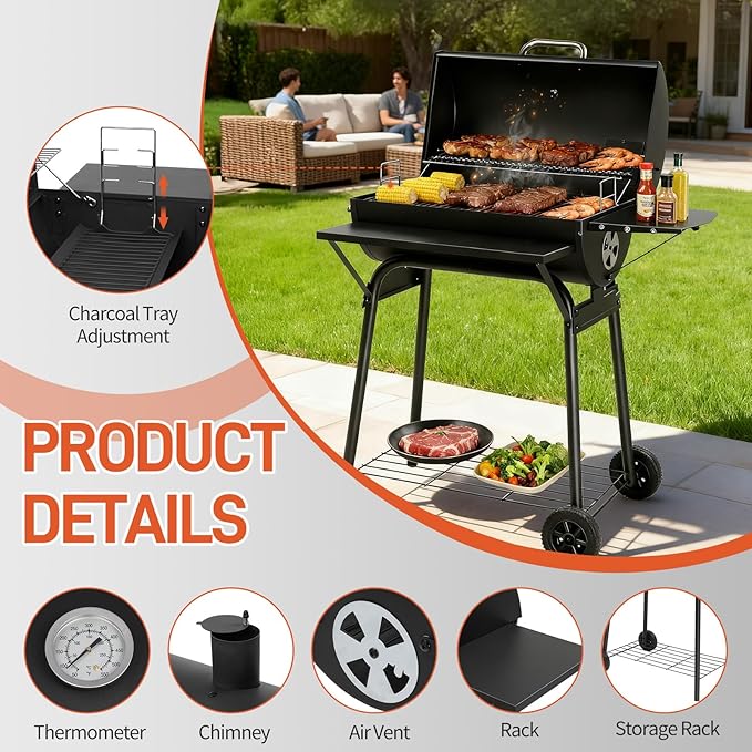 Outvita Barrel Charcoal Grill with Warming Rack, Outdoor BBQ Grill with Side Front Table with Nearly 564 Sq.In. Cooking Grid Area for Backyard Patio Picnic Parties Camping, Black