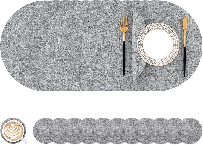 Homaxy Round Faux Leather Placemats and Coasters, Washable Dual-Side Table Mats, Wipeable Heat-Resistant Dining Place Mats for Outdoor and Indoor, Set of 12, Diameter 13 and 3.93 inch, Light Grey