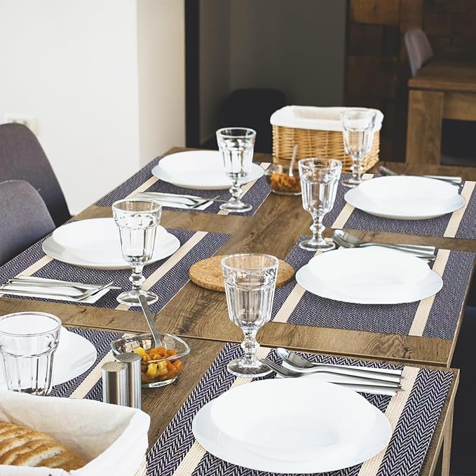 Vinyl Placemats Set of 8, PVC Woven Washable Non-Slip Table Mats, Heat Resistant Wrinkle Free Place Mats for Dining Table, Easy to Clean (Dark Blue)