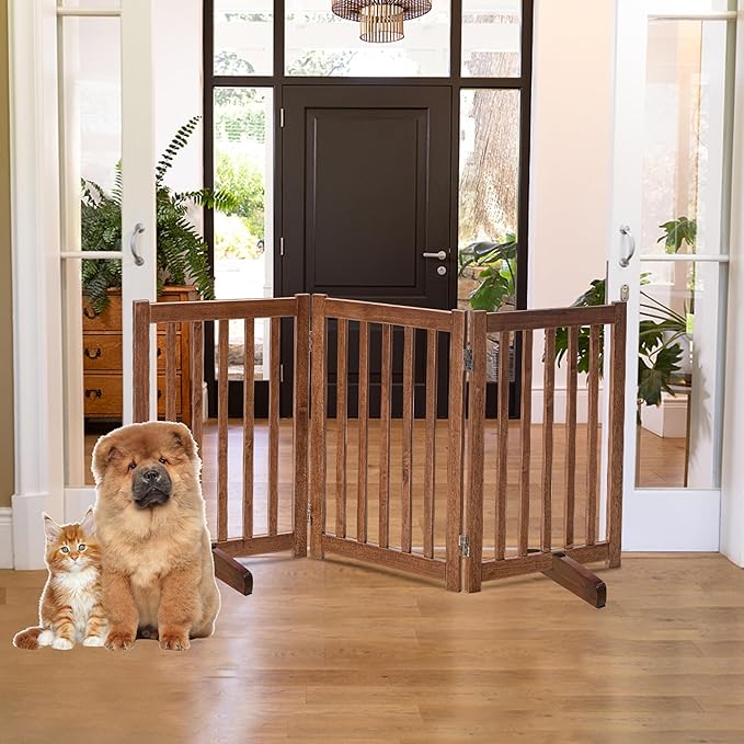 LZRS Freestanding Dog Gate 30 inch Tall - 3 Panels Solid Wooden Pet Gate for Doorways, Stairs & Hallways, Expandable & Foldable with Support Feet，Indoor Use,Oak