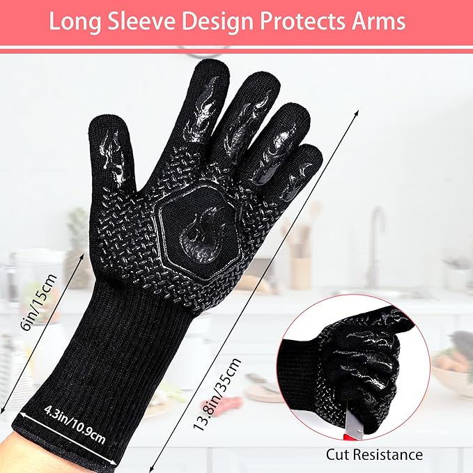 BBQ Fireproof Gloves, Grill Cut-Resistant 1472°F Heat Resistant Gloves, Non-Slip Silicone Oven Gloves, Kitchen Safe Cooking Gloves for Oven Mitts,Barbecue,Cooking, Frying,13.5 Inch-Black
