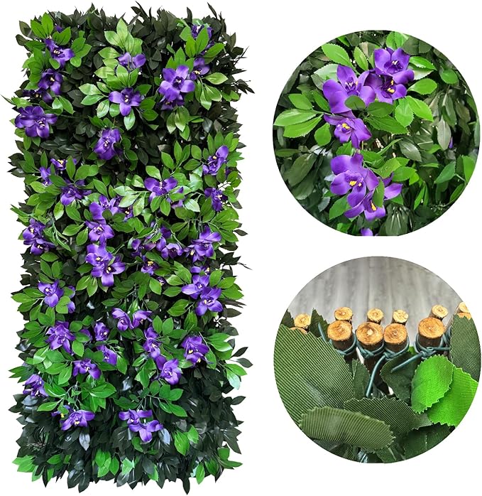 Expandable Fence Privacy Screen for Balcony Patio Outdoor,Decorative Faux Ivy Fencing Panel,Artificial Hedges (Single Sided Leaves) (4, Branches -Purple Fowers)