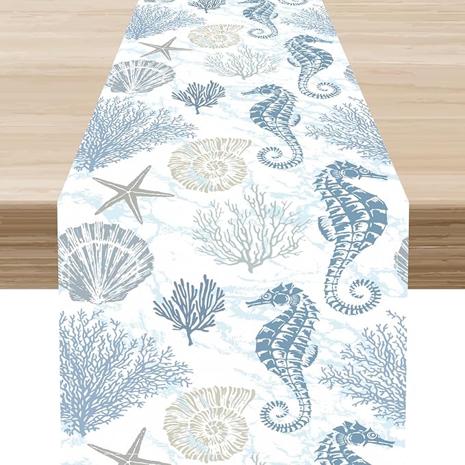 Nautical Table Runner, Summer Coastal Starfish Seashells Coral Seahorse Tropical Ocean Beach Blue Farmhouse Coffee Table Center Decor for Home Kitchen Dining Indoor Outdoor Table Decorations, 13"x108"