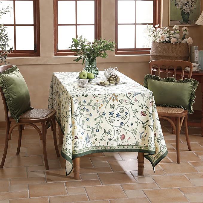 Linen Table Cloth Rectangle,Wrinkle Resistant French White and Green Tablecloth Print with Froal,Decor Stitch Table Cloth for Thanksgiving,Dining Room,Home,63" × 102"-Idaho A