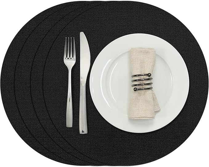 Myir JUN Round Placemats, Dual Sided Faux Leather Place Mats Set of 4 Indoor/Outdoor Non-Slip Washable Table Mats (Black, 4 Pack)
