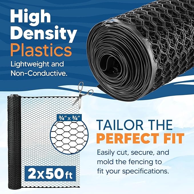 Plastic Hex Chicken Wire Mesh Garden Fence Roll (2' x 50' - Black) - Versatile Poultry Netting and Garden Fence for Temporary or Semi-Permanent Enclosures, Deer Fencing, and Construction Barriers