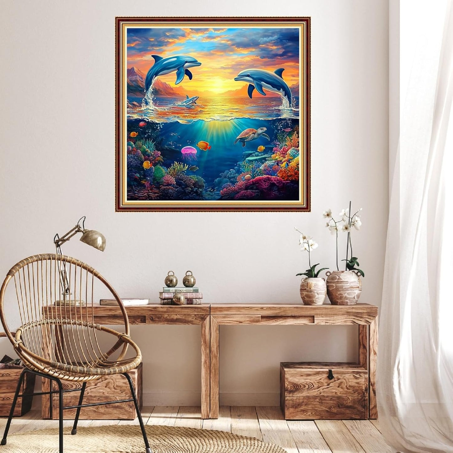 Hopeart Stamped Cross Stitch Kits for Beginner Embroidery Kits for Beginners Adults DIY 11CT Cross Stitch Patterns Needlepoint Kits Crossstitching Kits-Sunrise Dolphin 18x18 inch