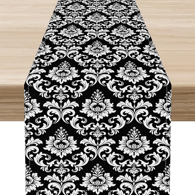 Black Damask Table Runner, Rustic Gothic Baroque Style Floral Boho Flower Antique Coffee Vintage Retro Table Center Decor for Kitchen and Dining Outdoor Home Country Party Table Decorations, 13"x90"