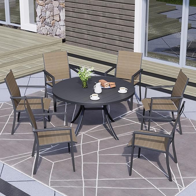 48" Patio Outdoor Round Table for 6 Person, All Weather Metal Black Round Patio Dining Table with Adjustable Umbrella Hole