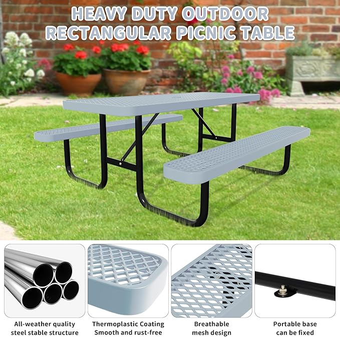 4 FT Heavy Duty Picnic Table with 2 Benches, Expanded Metal Outdoor Patio Dining Table with Umbrealla Hole Commercial Picnic Table,Rectangular Table Furniture Set for Garden, Lawn, Parks