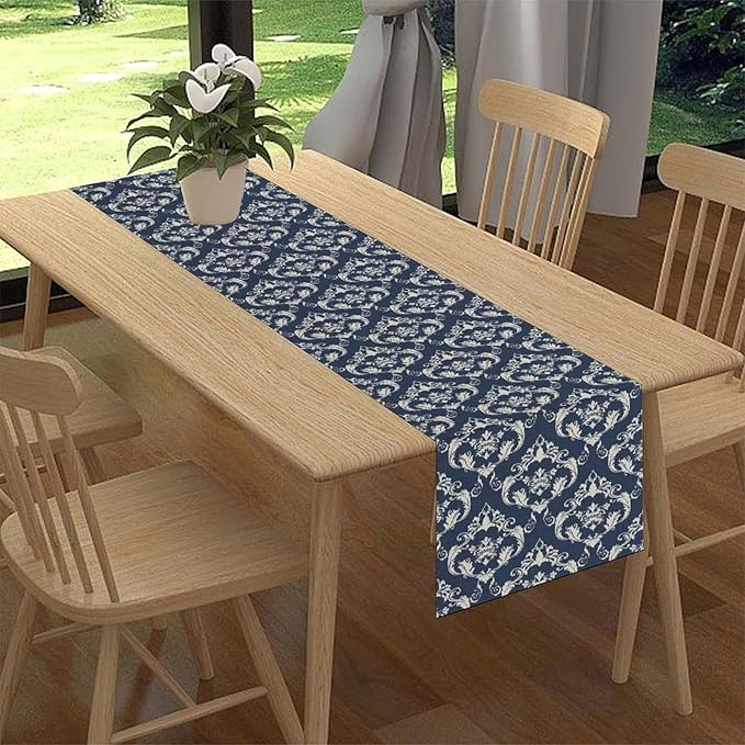 Blue Damask Table Runner, Rustic Gothic Baroque Style Floral Bohemian Boho Flower Antique Vintage Coffee Table Center Decor for Kitchen and Dining Outdoor Country Party Table Decorations, 13"x72"