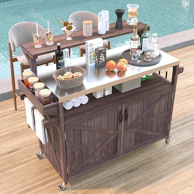53.3" Outdoor Kitchen Island with Stainless Steel Top, Rolling Grill Cart with Adjustable Shelves, Raised Shelf, Lockable Wheels, Portable Outdoor Table and Bar Storage Cabinet for Patio