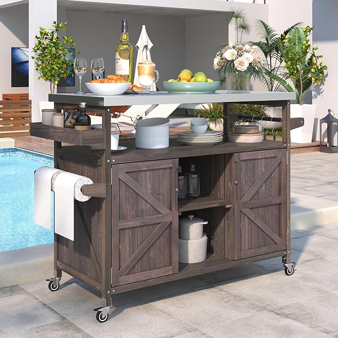 Rolling Cart ，Storage Cabinet, Grill Table ，Artificial Board，with Stainless Steel Top, Internal Storage Racks，Spice Rack, Towel Rack ， Kitchen ，Barbecue, Outdoor