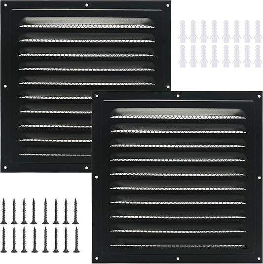 2pcs Attic Vent Soffit Vent Aluminum Wall Vent Metal Shed Vent Square Vent Louver Vent Grille with Built-in Insect Screen for Exterior Door House Attic Garage Ceiling (Black 10" x 10"-2 Pack)