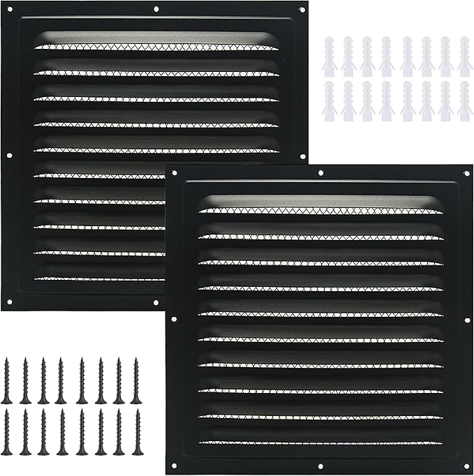 2pcs Attic Vent Soffit Vent Aluminum Wall Vent Metal Shed Vent Square Vent Louver Vent Grille with Built-in Insect Screen for Exterior Door House Attic Garage Ceiling (Black 12" x 12"-2 Pack)