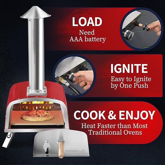 PIZZELLO 13" Outdoor Pizza Oven Propane Wood Fired Outdoor Foldable Pizza Ovens with Gas Burner, Wood Tray Pizza Stone, Pizza Peel, Cover