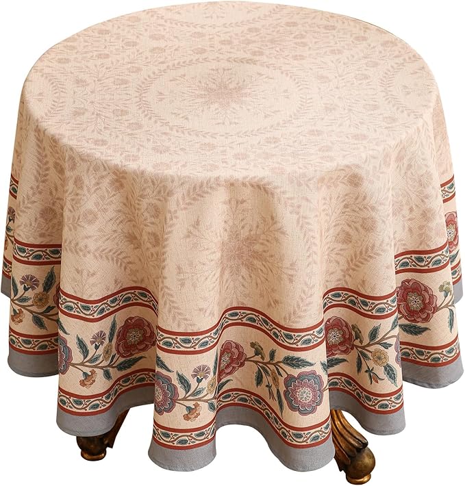 Designer Floral Linen Round Tablecloth,Vintage Indian Wrinkle Resistant Tablecloths,Decor Table Cover for Kitchen,Dining,Tea Party,Thanksgiving,Christmas,Diameter 67"-Flowershadow E
